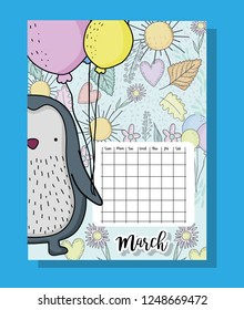 march calendar information with penguin and flowers
