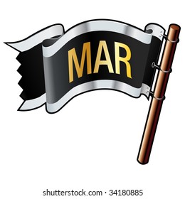 March calendar month icon on black, silver, and gold vector flag good for use on websites, in print, or on promotional materials