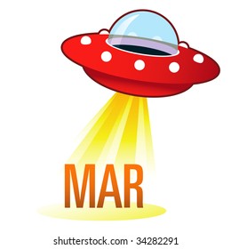 March calendar month icon on retro flying saucer UFO with light beam.  Suitable for use on the web, in print, and on promotional materials.