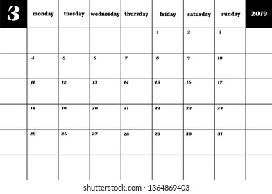 March. Calendar planner 2019. Vector 