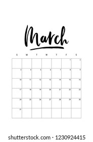 March. Calendar Planner 2019, Week Starts On Sunday. Part Of Sets Of 12 Months. Wall Desk Calendar Vector Template Print A4 Size, Simple Black And White Minimal Design Ink Hand Drawn Lettering