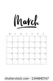 March. Calendar planner 2019, week starts on mondayy. Part of sets of 12 months. Wall desk calendar vector template print A4 size, simple black and white minimal design ink hand drawn lettering