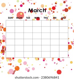 March. Calendar planner. Corporate week. Template layout, 12 months yearly, white background. Simple design for business brochure, flyer, print media, advertisement. Week starts from Monday.
