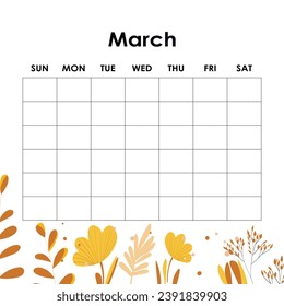 March. Calendar planner. Corporate week. Template layout, 12 months yearly, white background. Simple design for business brochure, flyer, print media, advertisement. Week starts from Monday.