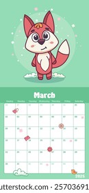 March calendar planner featuring a cute baby fox standing on a cloudy platform surrounded by snowflakes in an early spring theme. Vector illustration.