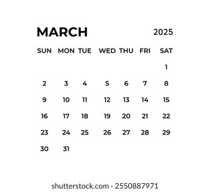 Modelo de calendário de março para o ano de 2025. Calendário de parede em um estilo minimalista. A semana começa na segunda-feira.