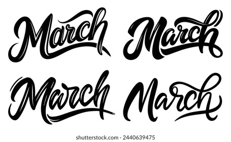 March calligraphy inscription Collection set. Phrase for count of every month. Ink illustration. Modern brush calligraphy. Isolated on white background