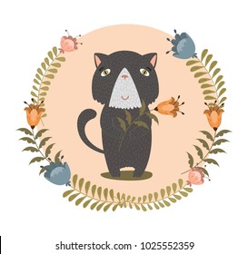 March cat with flower. 8 of march vector card. Spring vector card. Happy woman's day illustration.