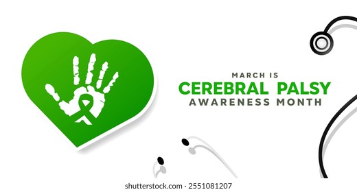 March is Cerebral Palsy Awareness Month. Heart, hand, ribbon and stesthoscope. Great for cards, banners, posters, social media and more. White  background.