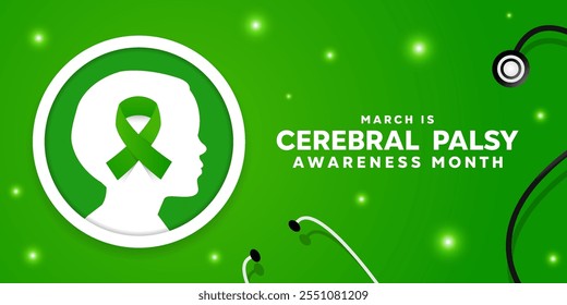 March is Cerebral Palsy Awareness Month. Human, ribbon, light and stesthoscope. Great for cards, banners, posters, social media and more. Green  background.