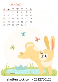 March children's vertical calendar for 2023 with an illustration of a cute rabbit with a paper boat and a puddle. 2023 is the year of the rabbit. Vector spring illustration of a calendar page.