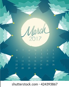 March : Christmas Moonlight Background For 2017 Calendar : Vector Illustration