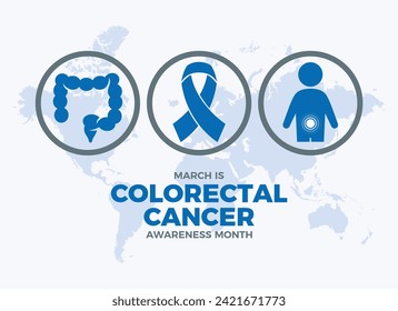 March is Colorectal Cancer Awareness Month poster vector illustration. Blue awareness cancer ribbon, intestine and person silhouette round icon set vector. Important day