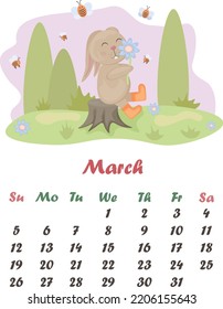 March is a cute cartoon rabbit. Spring calendar. Vector illustration of a rabbit. A rabbit is sitting on a stump with a flower in his hands, against the background of a forest and bees
