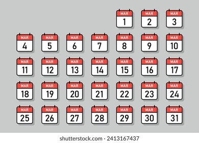 March Daily calendar in one group, red and white color calendar page with black outline, calendar date vector illustration set