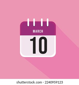 Día 10 de marzo. Número diez en un libro blanco con borde rosado en un fondo rosado, hoja de calendario. Ilustración vectorial.