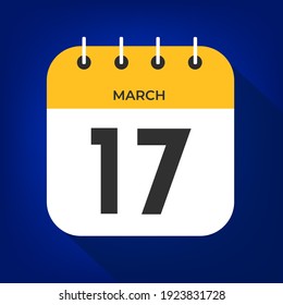 March day 17. Number seventeen on a white paper with yellow color border on a blue background vector.