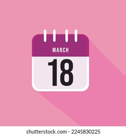 March day 18. Number eighteen on a white paper with pink border and background, calendar sheet. Vector illustration.