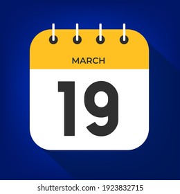 March day 19. Number nineteen on a white paper with yellow color border on a blue background vector.