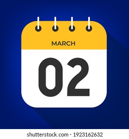 March day 2. Number two on a white paper with yellow color border on a blue background vector.