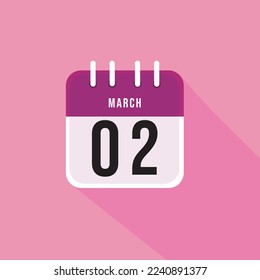 March day 2. Number two on a white paper with pink border on a pink background, calendar sheet. Vector illustration.