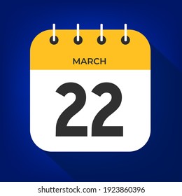 March day 22. Number twenty-two on a white paper with yellow color border on a blue background vector.