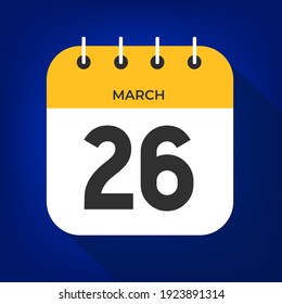 March day 26. Number twenty-six on a white paper with yellow color border on a blue background vector.