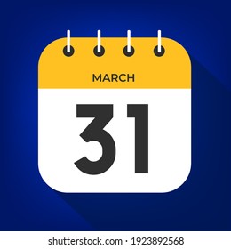 March day 31. Number thirty-one on a white paper with yellow color border on a blue background vector.