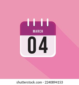 March day 4. Number four on a white paper with pink border on a pink background, calendar sheet. Vector illustration.