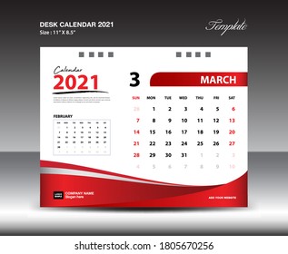 March Desk Calendar 2021 Template, Week starts Sunday, Stationery design, flyer design vector, printing media creative idea design, Red background