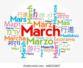 March in different languages of the world, word cloud concept background