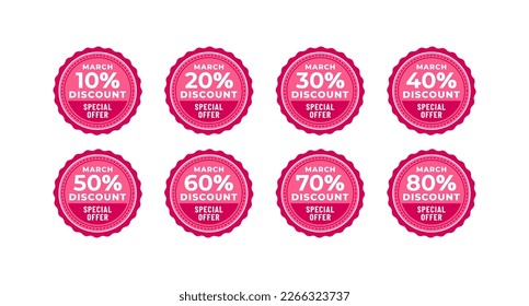 Etiqueta de descuento de marzo o vector de logotipo de descuento de marzo con fondo blanco. Signo de descuento de marzo a la venta. Marzo vector de símbolo de descuento para contenido de marketing.