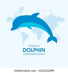 Marzo es vector del Mes de Concienciación sobre los Delfines. Vector de icono de silueta azul delfín. Vector de mamíferos marinos