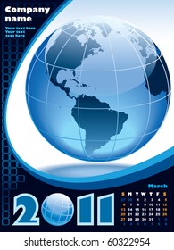 March - the Earth blue calendar for 2011, weeks starts on Sunday