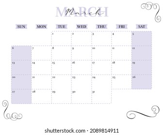 march elegant 2022 monthly calendar planner printable