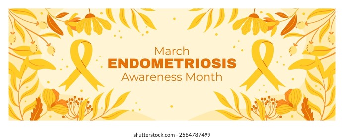 March Endometriosis Awareness Month Banner with Yellow Ribbon, Floral Decorations, and Light Yellow Background for Health Advocacy