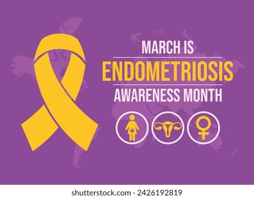 Marzo es el mes de la conciencia de la endometriosis cartel ilustración vectorial. Cinta amarilla de la conciencia, ovario, útero redondo conjunto de iconos. Símbolo de la salud reproductiva de la mujer. Plantilla para fondo, banner, tarjeta.