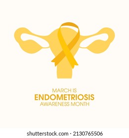 March Is Endometriosis Awareness Month Vector. Human Uterus With Yellow Awareness Ribbon Vector. Female Reproductive Health Icon