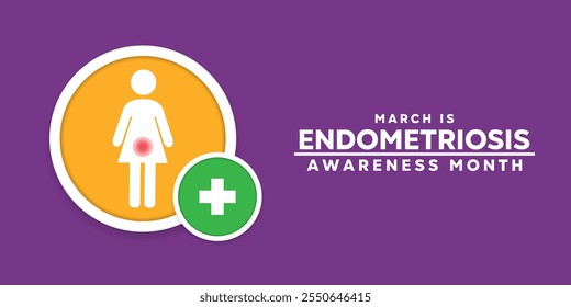 Mes de Concienciación sobre la Endometriosis de marzo. Mujeres e icono de plus. Ideal para tarjetas, Anuncios, carteles, redes sociales y más. Fondo púrpura.