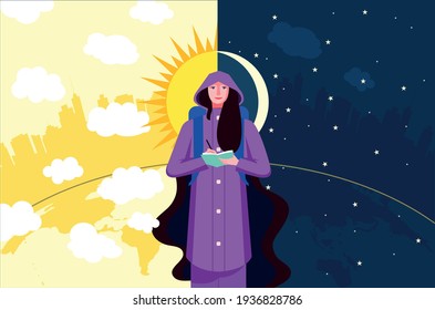 March Equinox, night and day half, person holding notebook, standing in front of daylight and night sky.