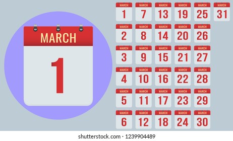 March. Flat daily calendar icon set isolated on gray background. Date and time, day, month 2019 2020. Holiday. Season. Vector illustration.