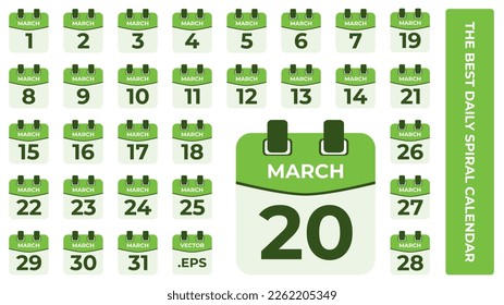March flat daily spiral calendar icons set, date vector image in matching color scheme. Suitable and perfect for design material, such as event or reminder. The best editable graphic resources.