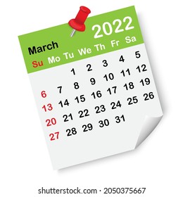 March green calendar page. Red drawing pin. 2022 year. Organizing concept. Wall list. Vector illustration. Stock image. 