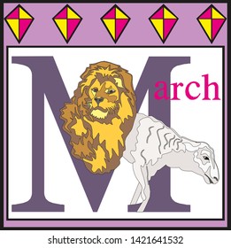 March Greeting Card Template With Lion And Lamb. International Women's Day Background Vector Illustration.