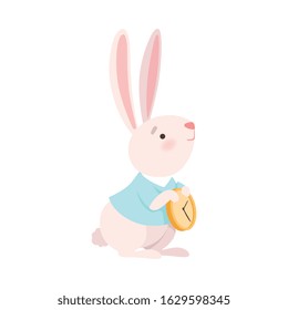 March Hare Character Holding Clock Vector Illustration