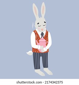 A March Hare in a vintage costume holds a teapot. Vector illustration