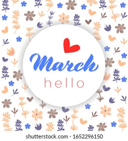 March hello - Hand drawn lettering month name. Hand written month March for calendar, monthly logo, bullet journal or monthly organizer, card. Vector illustration isolated on white. EPS 10