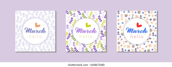 adiós de Marzo - Nombre del mes de letras dibujado a mano. Tarjetas de felicitación establecidas - mes de marzo para calendario, logotipo mensual, publicaciones o organizador mensual. Ilustración vectorial aislada en blanco. EPS 10