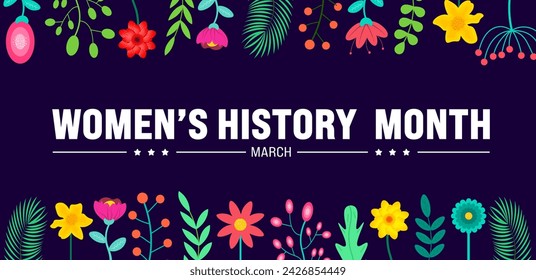 Marzo es la plantilla de fondo del Mes de la Historia de la Mujer con flores y mujeres vector y diseño de signo de icono de la mujer. se utiliza para fondo, pancarta, cartel, tarjeta y plantilla de diseño de póster. ilustración vectorial.