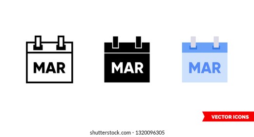 March icon of 3 types: color, black and white, outline. Isolated vector sign symbol.